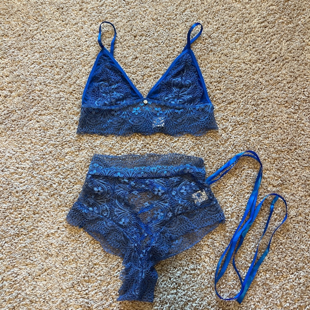 Elegant Blue Lace Bralette and Panty Set